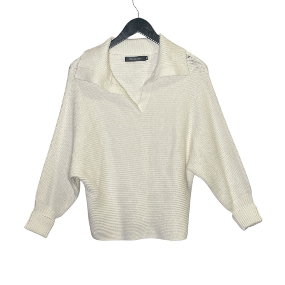 MEROKEETY OFF WHITE WOMENS LONG SLEEVE  RIBBED COLLARED SWEATER SIZE MEDIUM